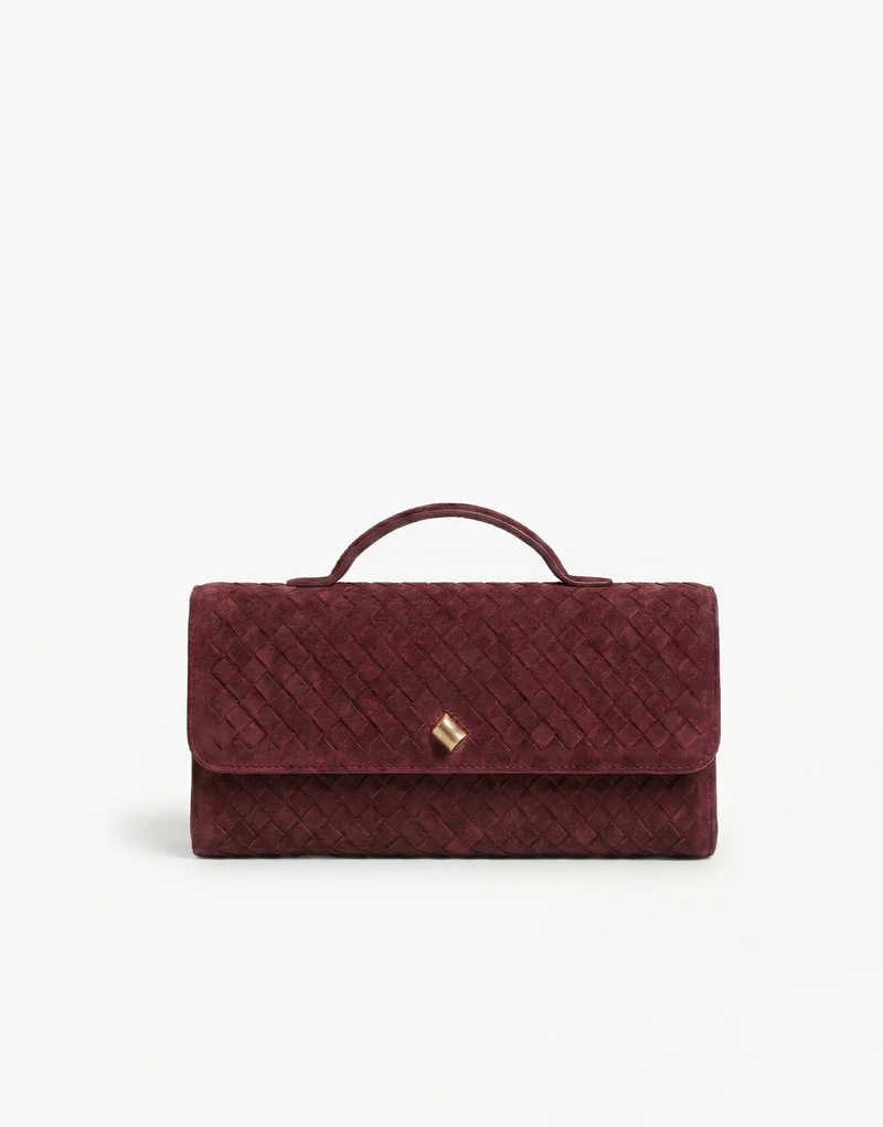 Burgundy Suede Gouden Detail Clutch - Tas