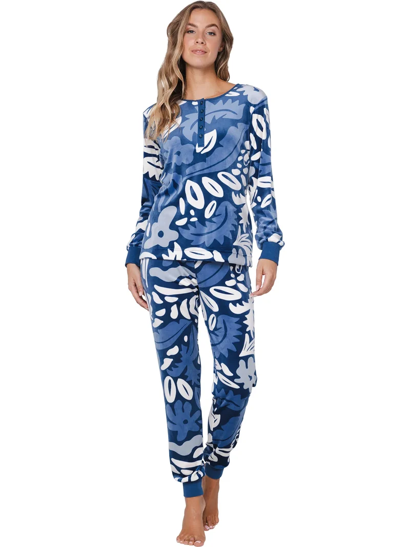Pastunette velours dames pyjama warm - Blue Bloom