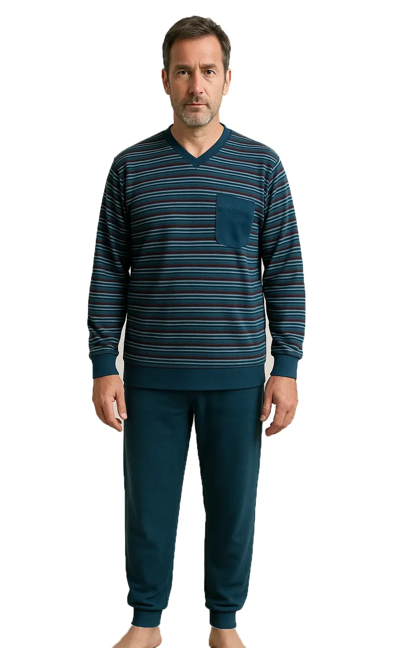 Gentlemen Velours heren pyjama - Vhals - Streep