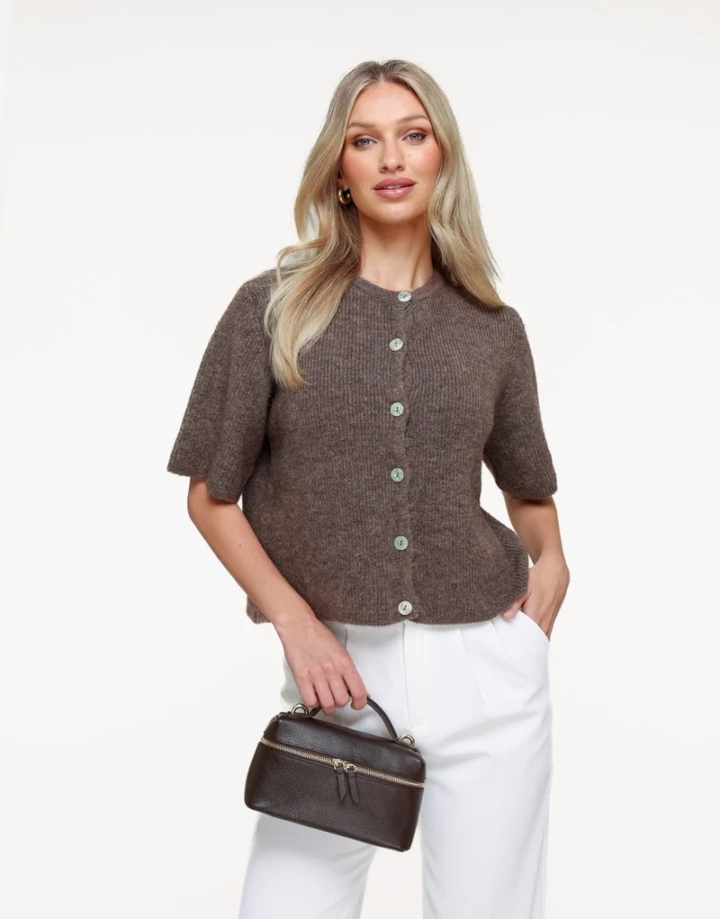 Donkertaupe Gebreide 3/4 Mouwen - Vest