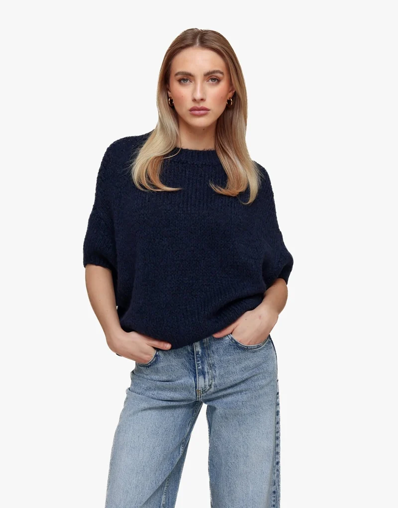 Navy Gebreide Wollen 3/4 Mouwen - Trui