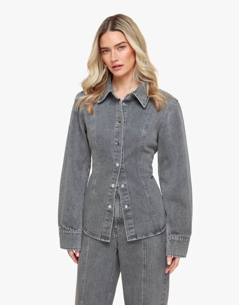 Lichtgrijze Gestikte Naden LS - Blouse