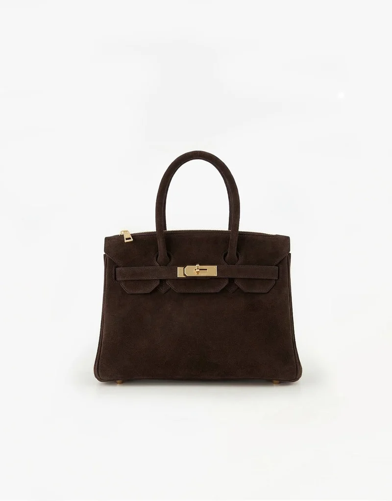 Donkerbruine Middel Suede Gouden Detail - Tas