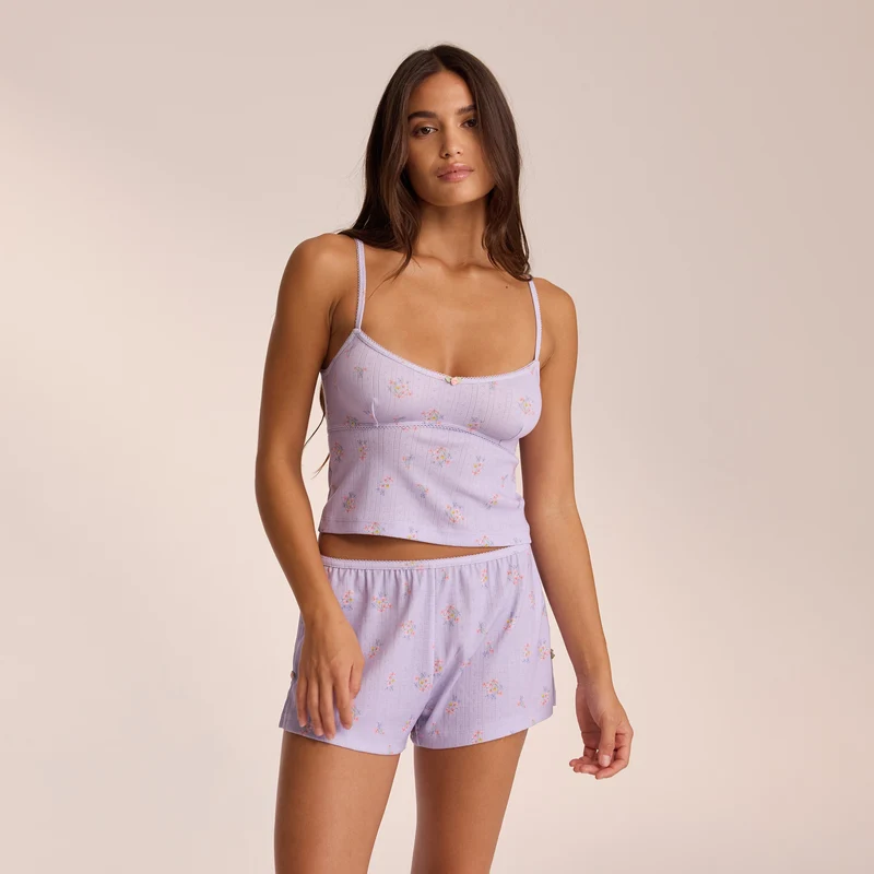 Pointelle Cami Pyjama Top - Bloemig Lila