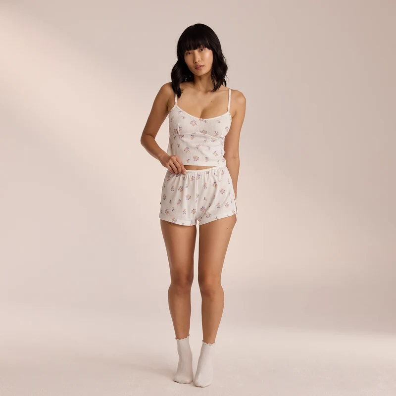 Pointelle Pyjamashorts - Bloemig Wit
