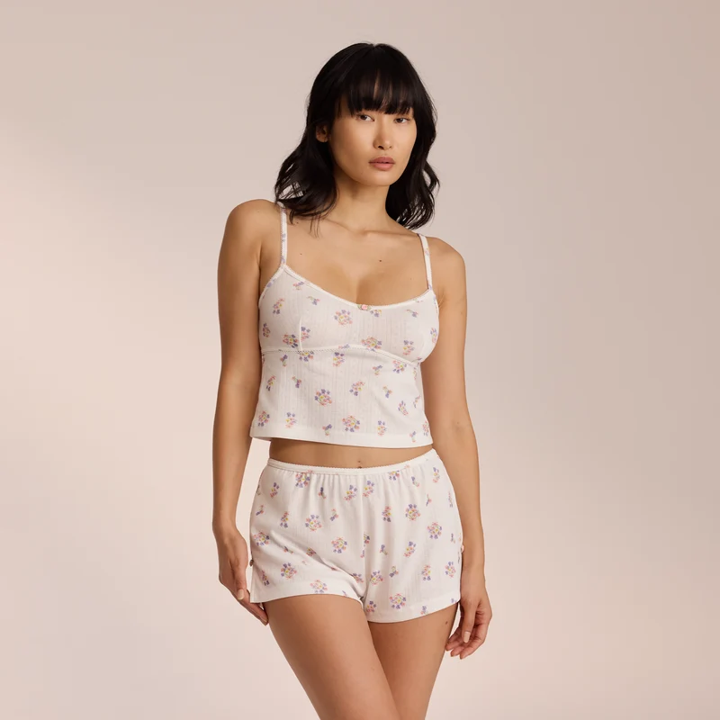 Pointelle Cami Pyjama Top - Bloemig Wit