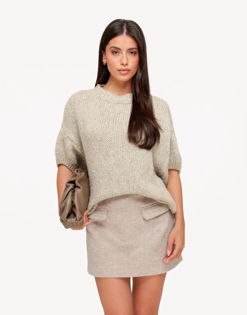 Taupe Gebreide Wollen 3/4 Mouwen - Trui