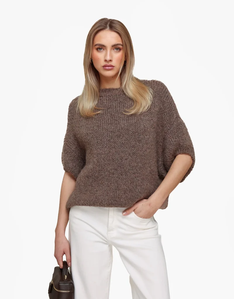 Donker Taupe Wollen Gebreide 3/4 Mouwen - Trui