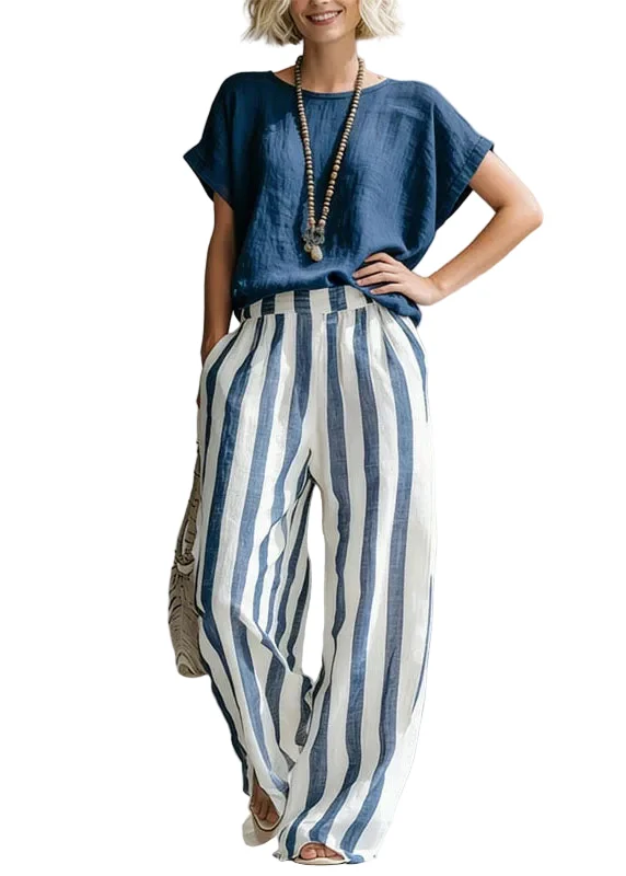 Dames Tweedelige Set Top met O-hals en Gestreepte Rechte Broek