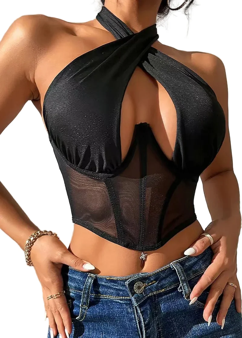 Dames Haltertop Uitgesneden Patchwork Stijl