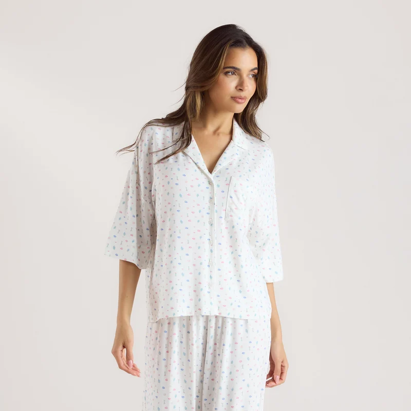 Modal Pyjamashirt met Korte Mouwen - Witte Bloemenprint