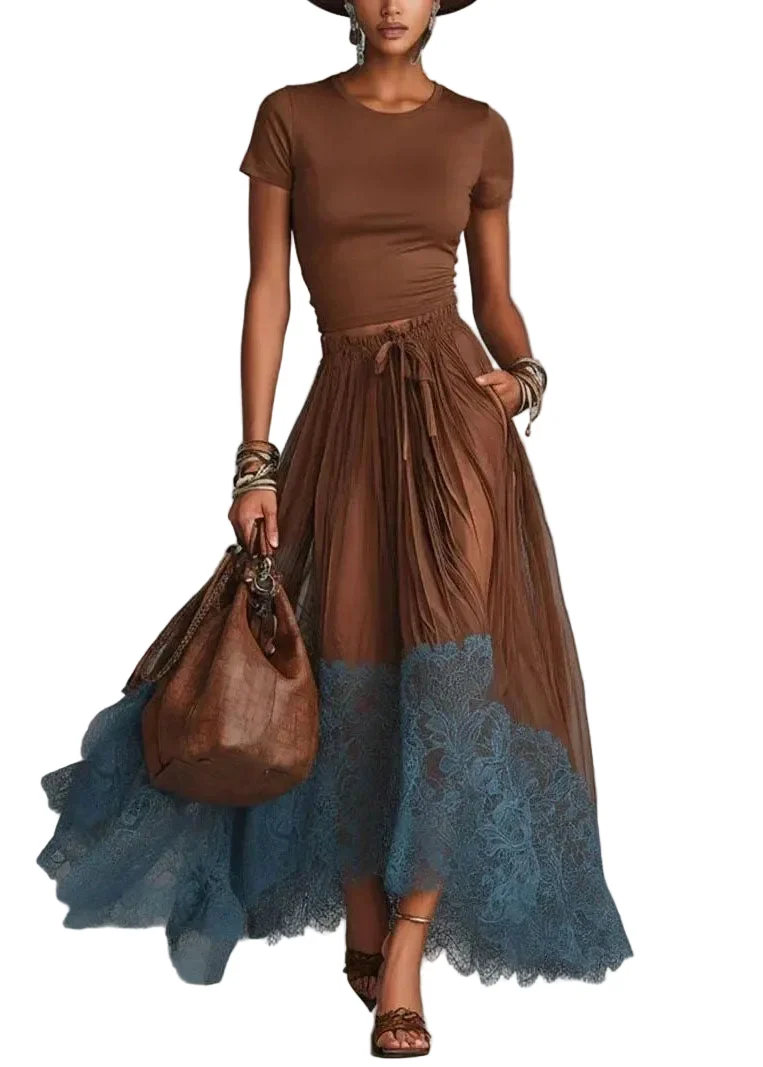 Dames Tweedelige Set Top en Rok Patchwork Kanten