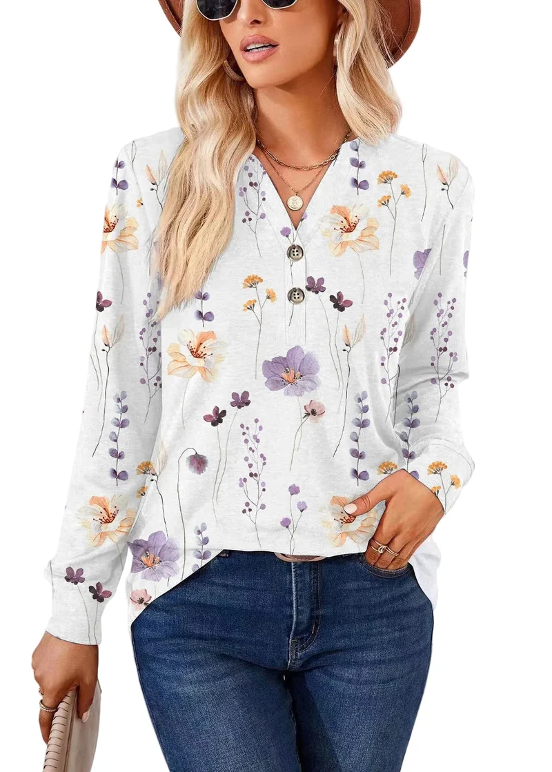 Dames Overhemd V-hals Print Grote Maten Herfststijl