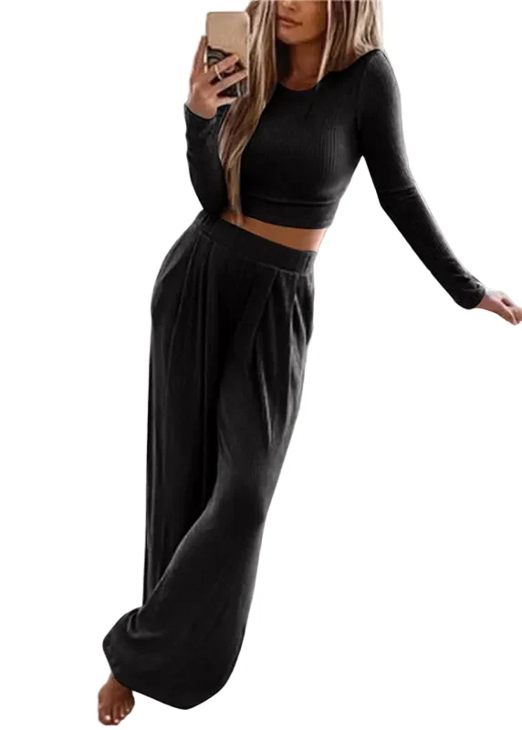 Dames Tweedelige Set Top met O-hals en Broek met Wijde Pijpen