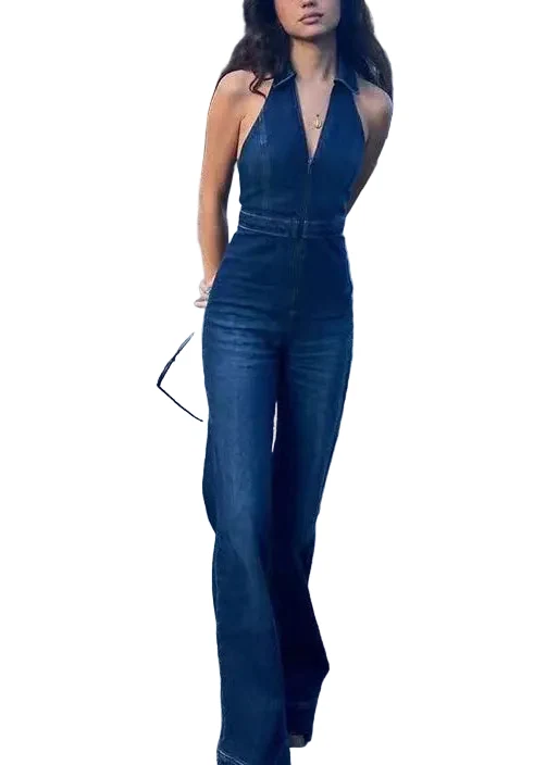 Dames Denim Jumpsuit Mouwloos Met Peterpankraag