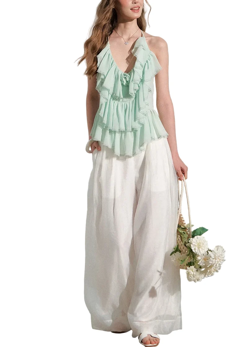 Dames Top met Ruches en Wijde Broek Set Zomerse Stijl
