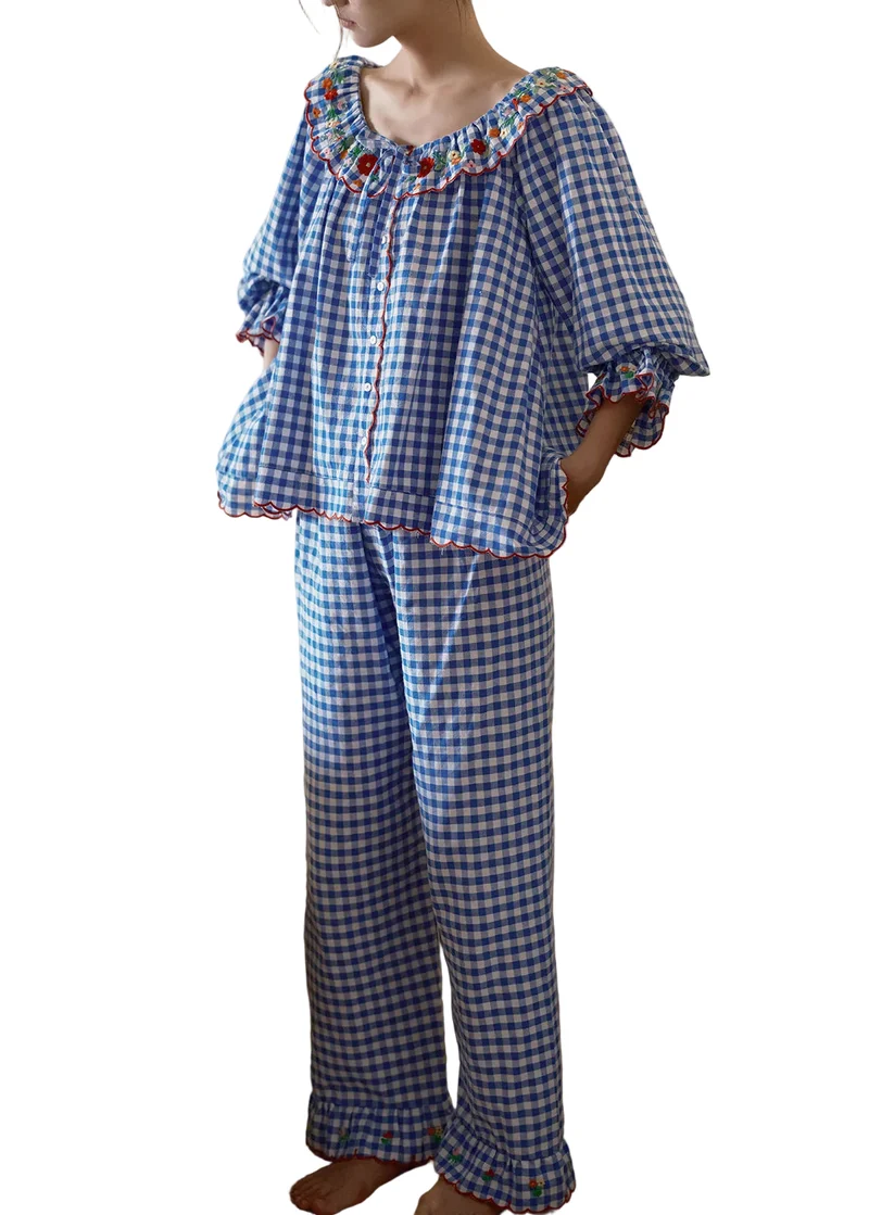 Dames Tweedelige Pyjama Set Geruit Met Lange Mouwen