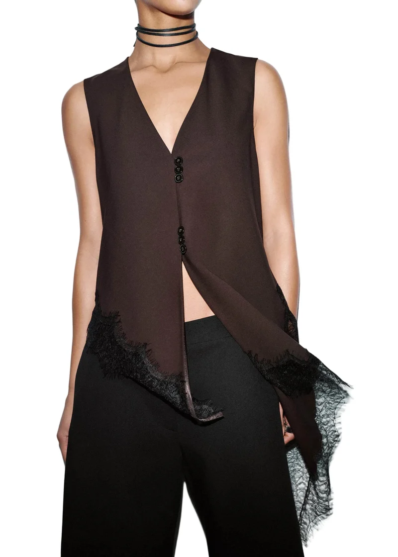 Dames Blouse Mouwloos V-hals Patchwork Kant