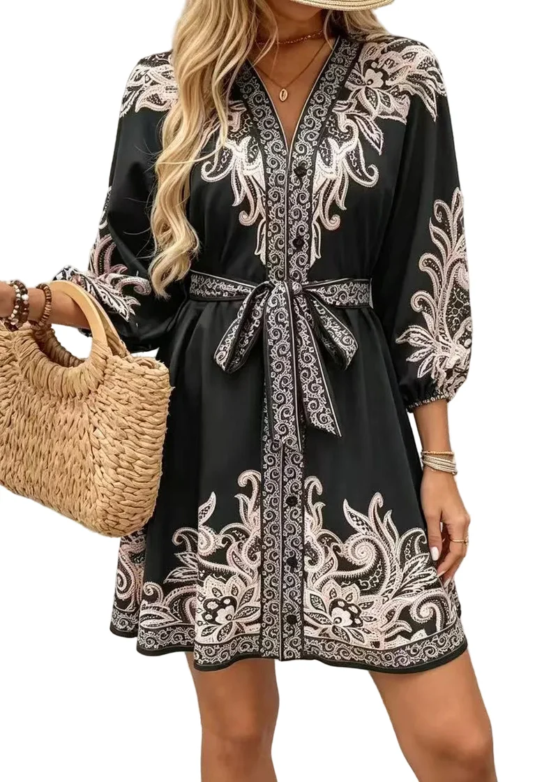 Dames Jurk met Taille Stropdas en Print Zomerstijl