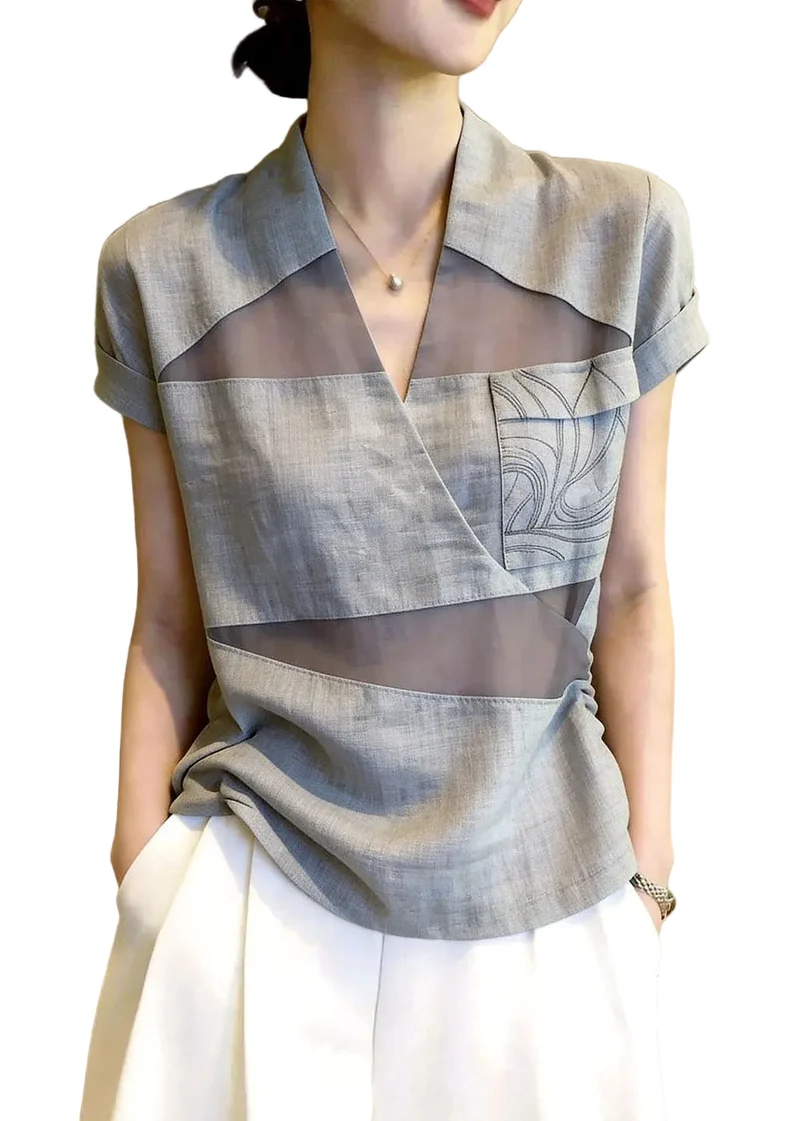 Dames Shirt V-hals Patchwork Tule Casual