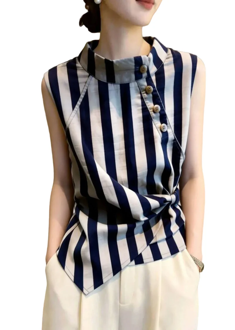 Dames Shirt Opstaande Kraag Gestreept Casual Zomerstijl