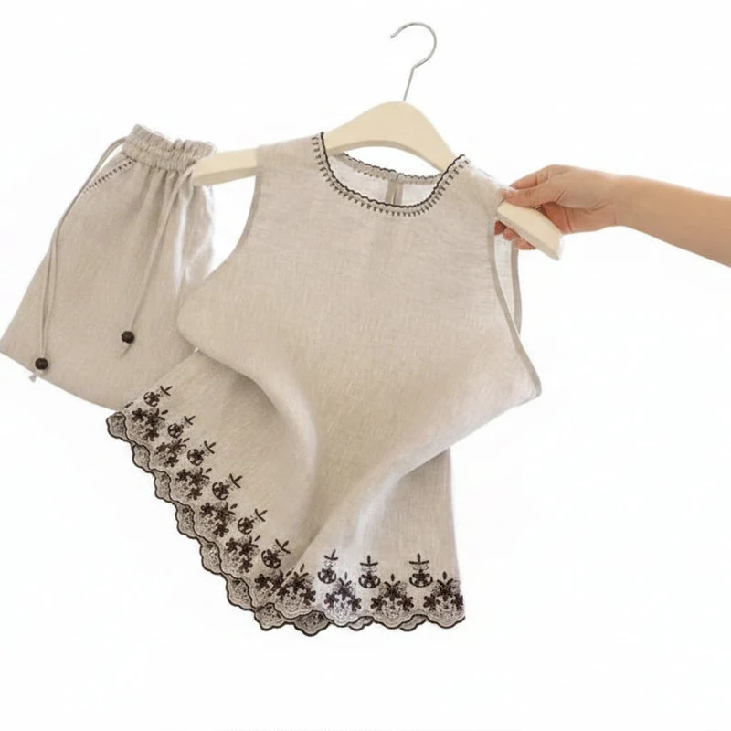 Dames Tweedelige Set Casual O-hals Borduursel