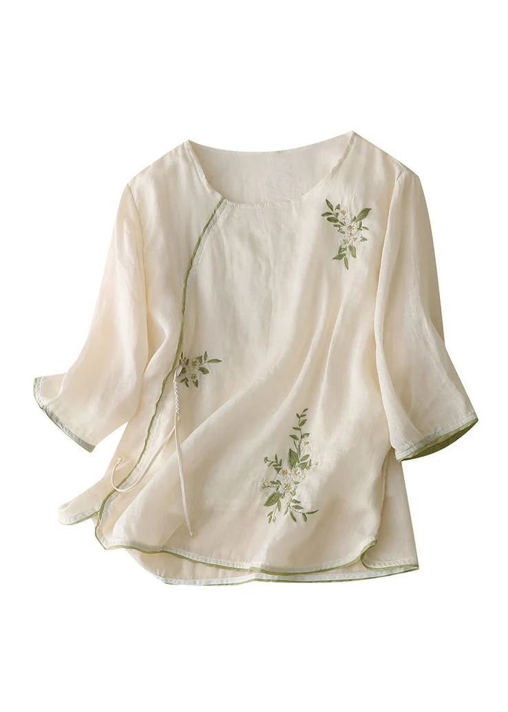 Dames Linnen Blousetop Retro Geborduurd Met Chinese Knopen