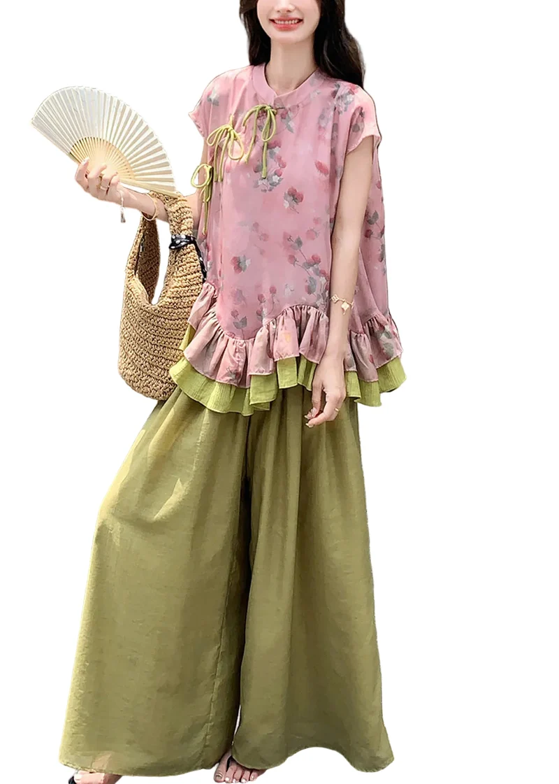 Dames Tweedelige Set Comfy Met Patchwork Top en Wijde Broek