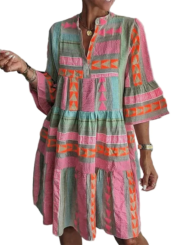 Dames Mini-jurk met Frisse Print en 3/4-Mouwen