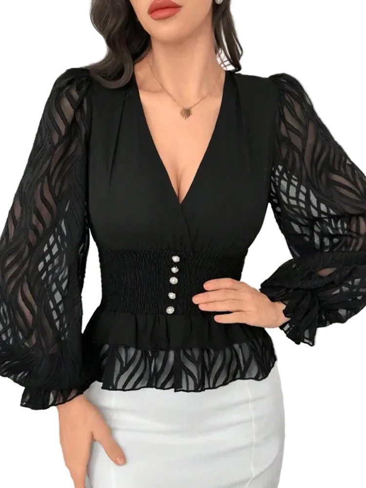 Dames Shirt met V-hals en Lantaarnmouwen