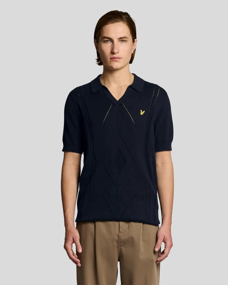 Lyle & Scott Herenpolo met open kraag en argyle-patroon | Donkerblauw