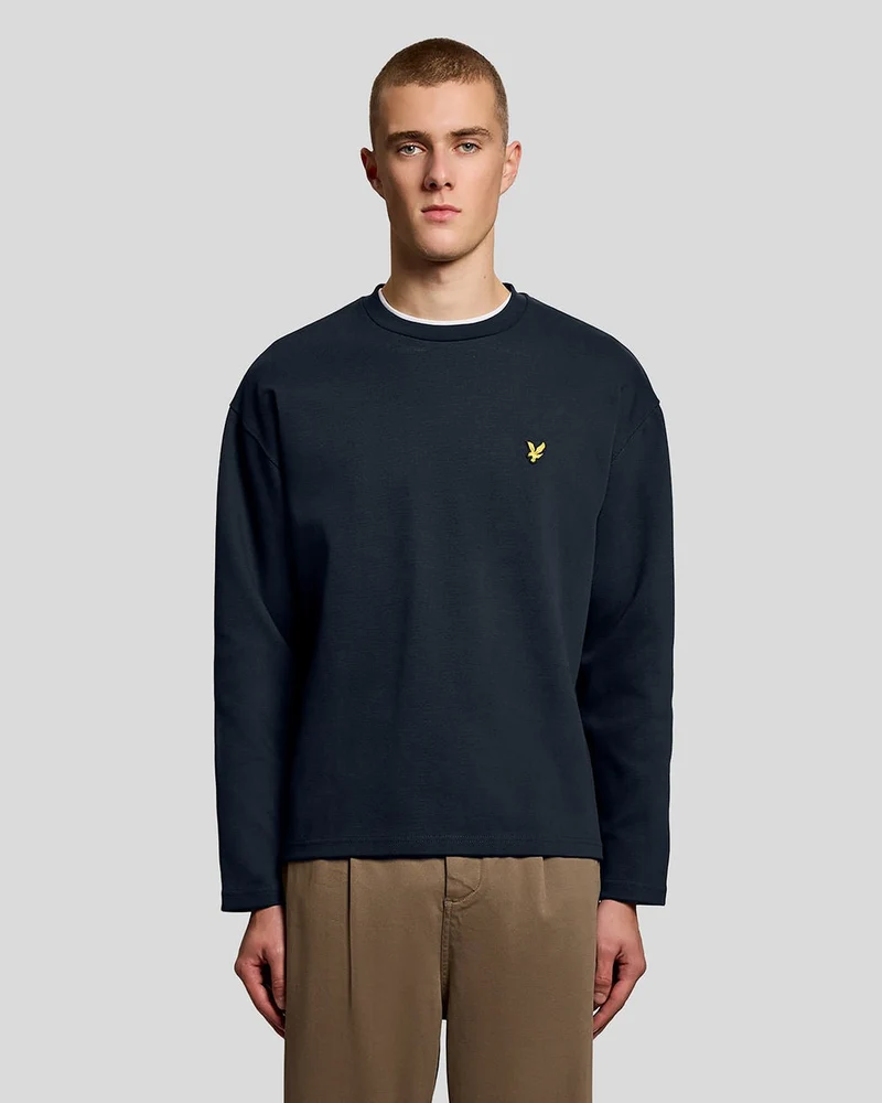 Lyle & Scott Heren sweatshirt met ronde hals en opstaande jacquardprint | Donkerblauw