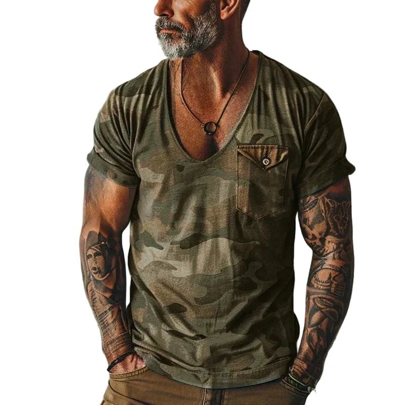 Heren T Shirt Vintage Camouflage V-Hals Avontuurlijke Stijl
