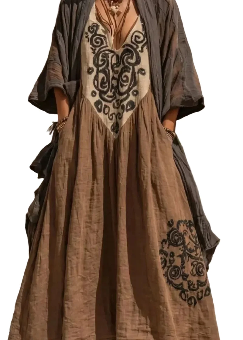 Dames Plus Size Koffieprint Vest en Lange Jurk Set