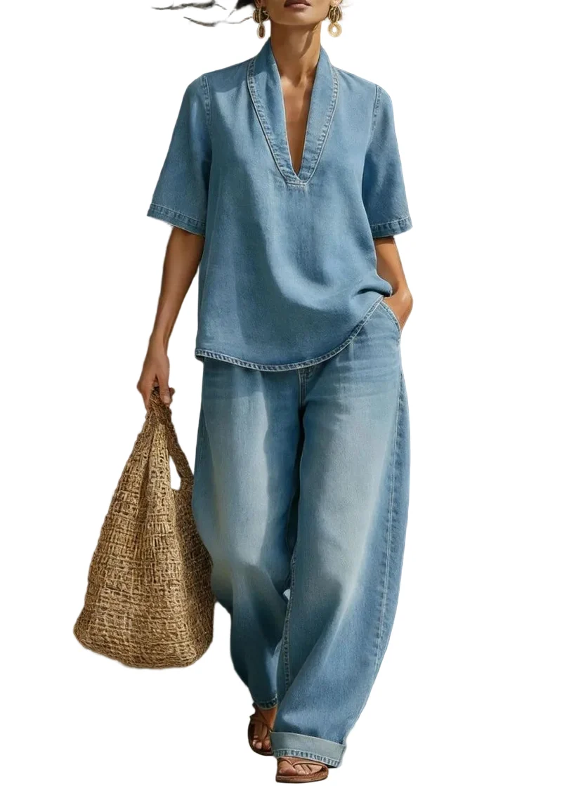 Dames Casual Denim Style T-shirt en Jeans Set