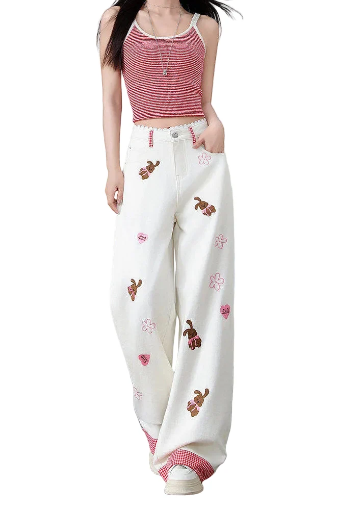 Dames Rechte Broek Geborduurd