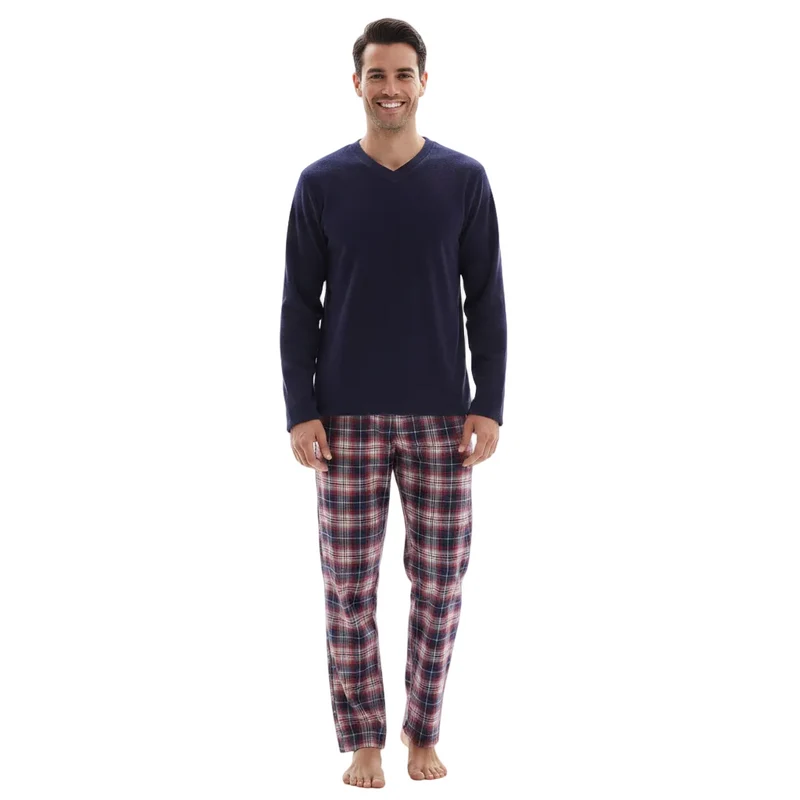 Fleece pyjamaset voor heren - Top met lange mouwen en katoenen flanellen broek