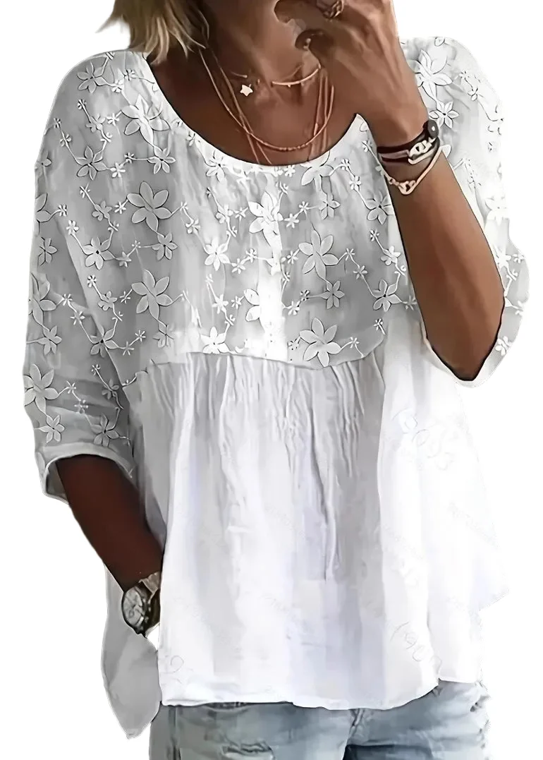 Dames Casual Top met O-hals en Bloemenprint
