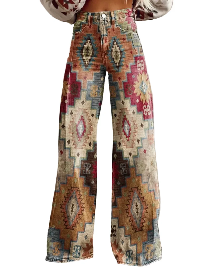Dames Flared Broek Chevron Patroon Retro Style