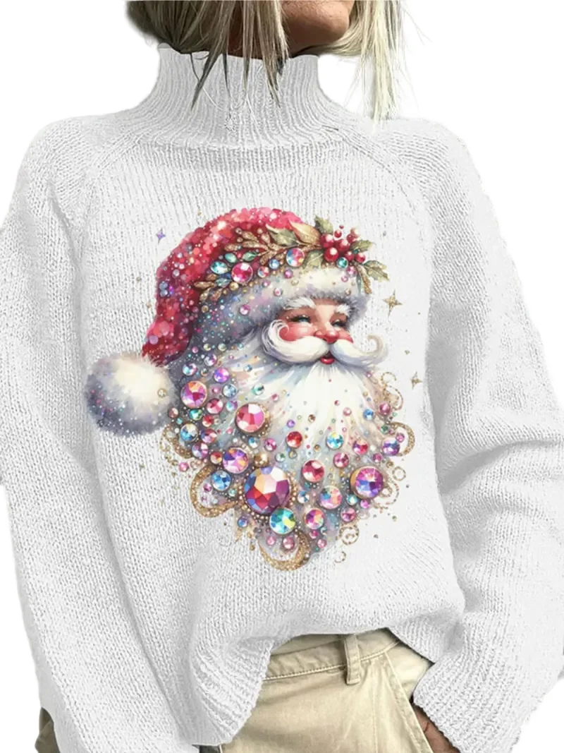 Dames Kersttrui met Hoge Kraag en Sprankelende Print