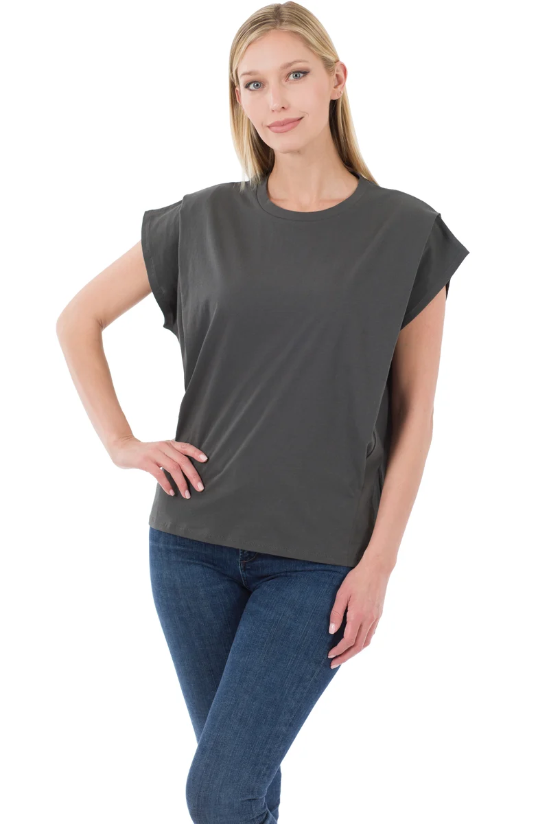 Ash Grey, Round neck , pleated shoulder top