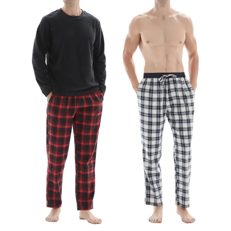 Men's Check Pyjama Set with Fleece Top - 3-Piece White/Red Cotton Pant Set