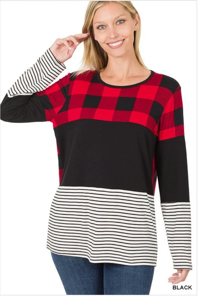 Buffalo Plaid Stripe Color Block long sleeve