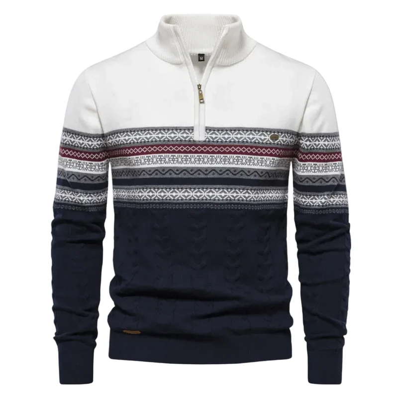 Heren Pullover Gestreept met Halve Rits en Opstaande Kraag
