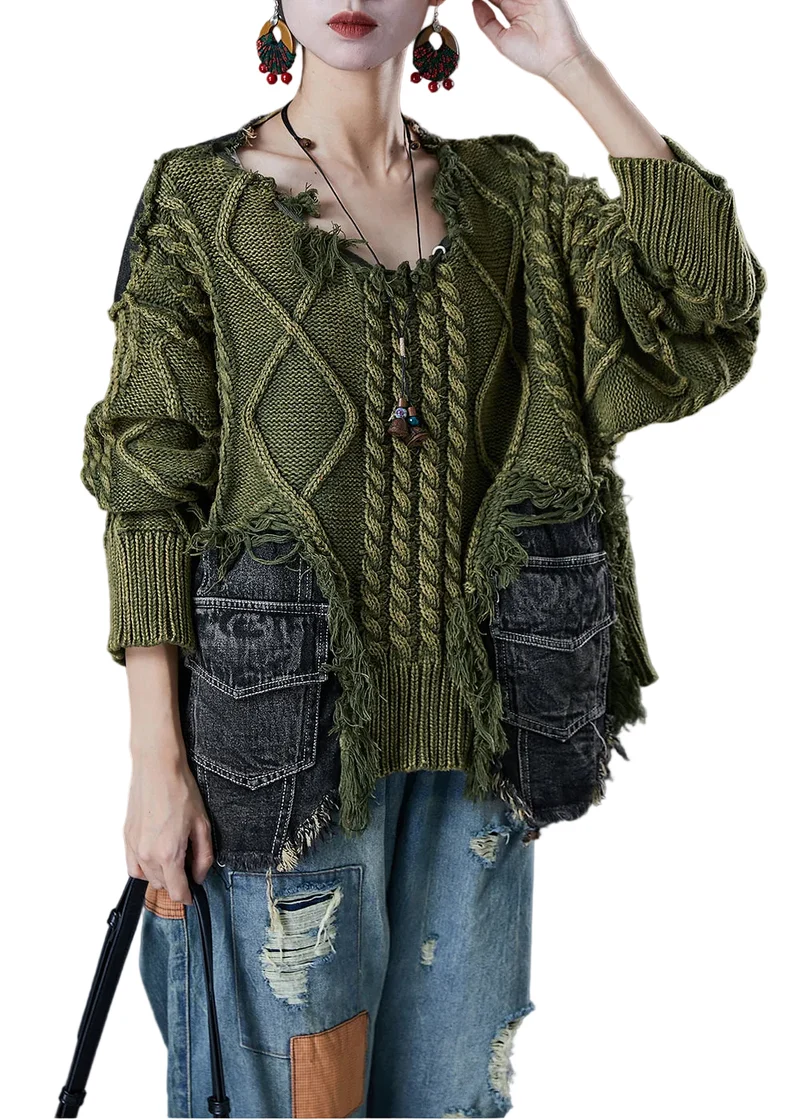 Dames Gebreide Truien Asymmetrisch in Groen Patchwork Denim