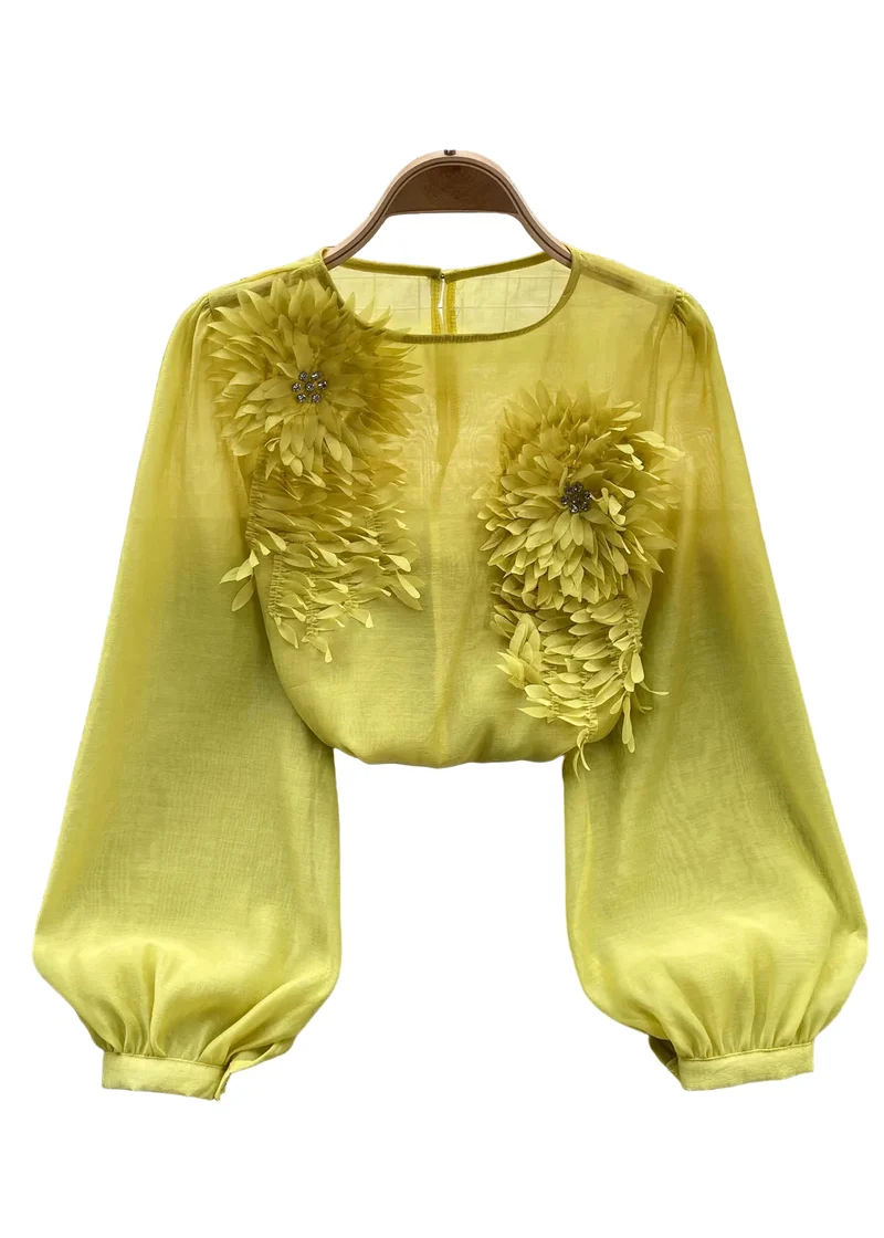 Dames Chiffon Shirt met O-hals en Lange Mouwen