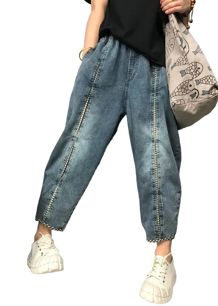 Dames Boho Denim Broek met Ruitpatroon