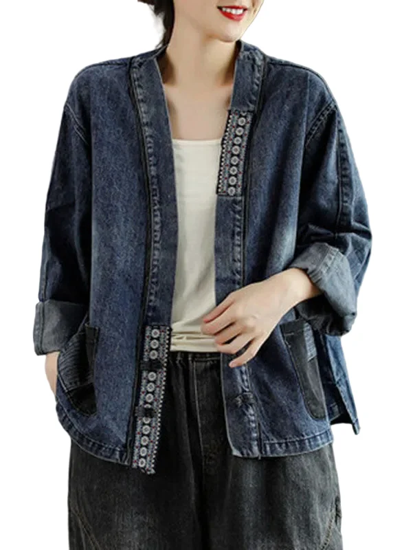 Dames Denim Jas met Geborduurde Zakken en Knopen