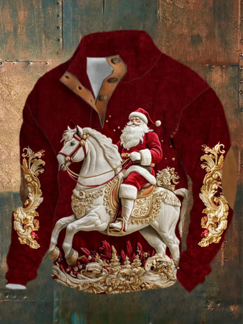 Heren Trui Knoopkraag met Paardensportprint en Gouden Accenten