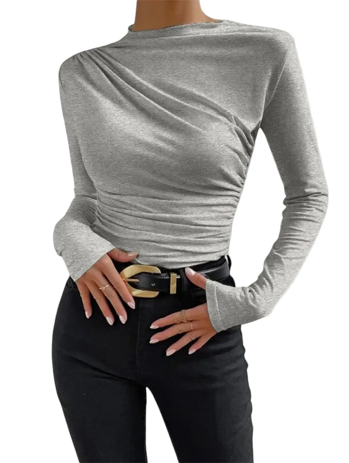 Dames Top met Geplooid Ontwerp en Opstaande Kraag